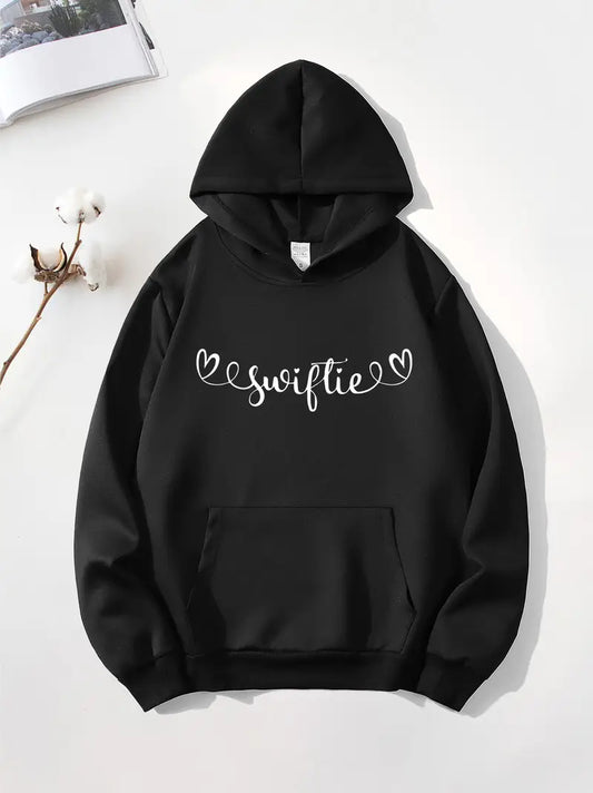 Chic Women's Black Hoodie with "Swiftie" Heart Design